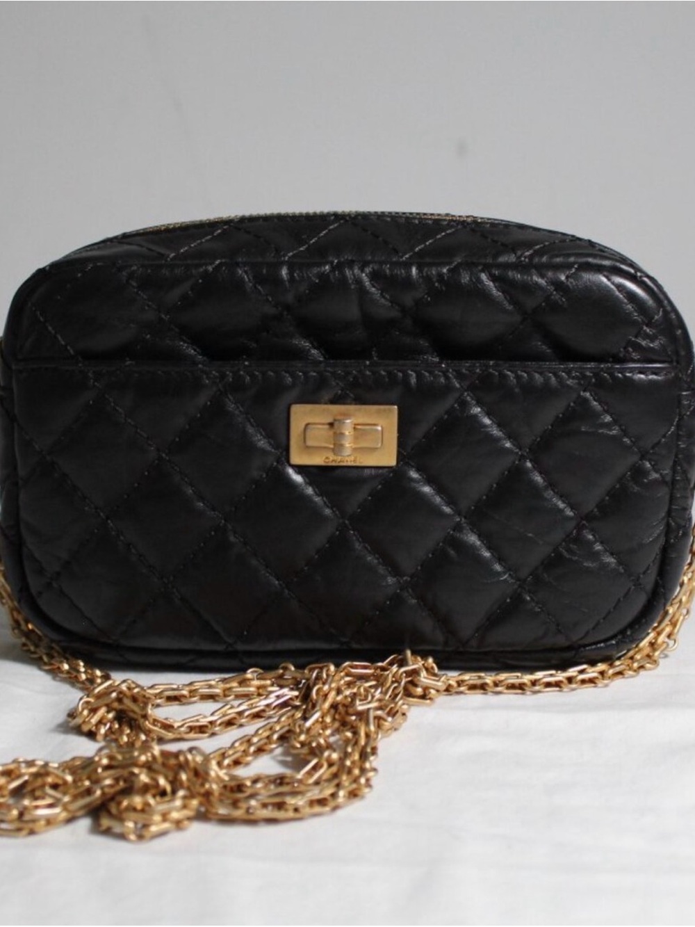 CHANEL Black Quilted Mini Camera Bag with Gold Chain